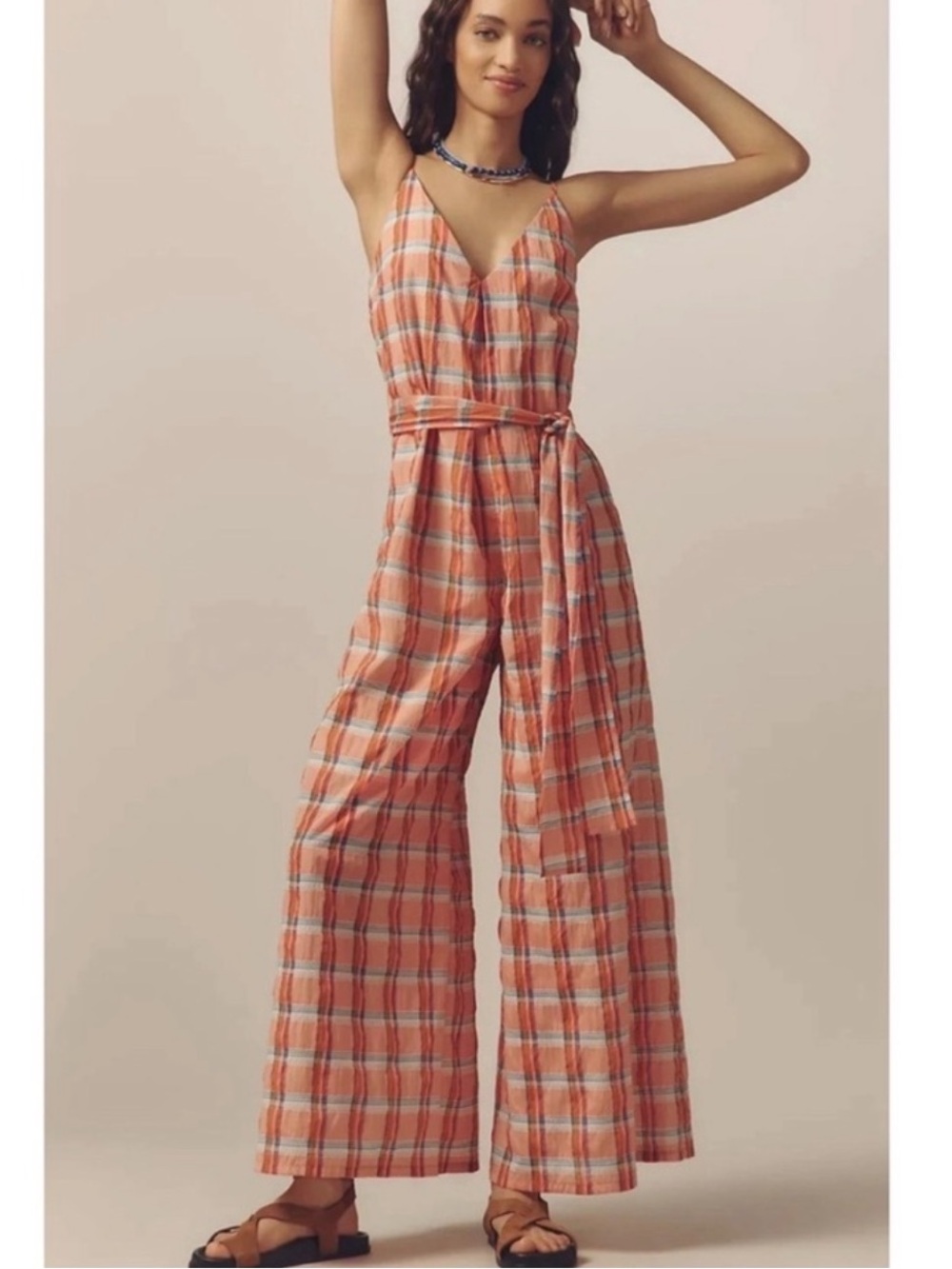 Corey Lynn Calter Coral Plaid Sleeveless Jumpsuit with Tie Waist